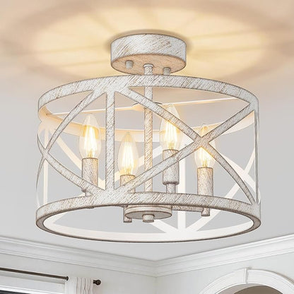 Semi Flush Mount Ceiling Light Fixture, Farmhouse Modern 4-Light Chandelier with X-Shape Cage, Industrial Rustic Ceiling Lamp for Kitchen, Entryway, Dining Room, Bedroom, Hallway, Laundry Room, White