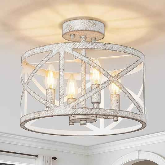 Semi Flush Mount Ceiling Light Fixture, Farmhouse Modern 4-Light Chandelier with X-Shape Cage, Industrial Rustic Ceiling Lamp for Kitchen, Entryway, Dining Room, Bedroom, Hallway, Laundry Room, White