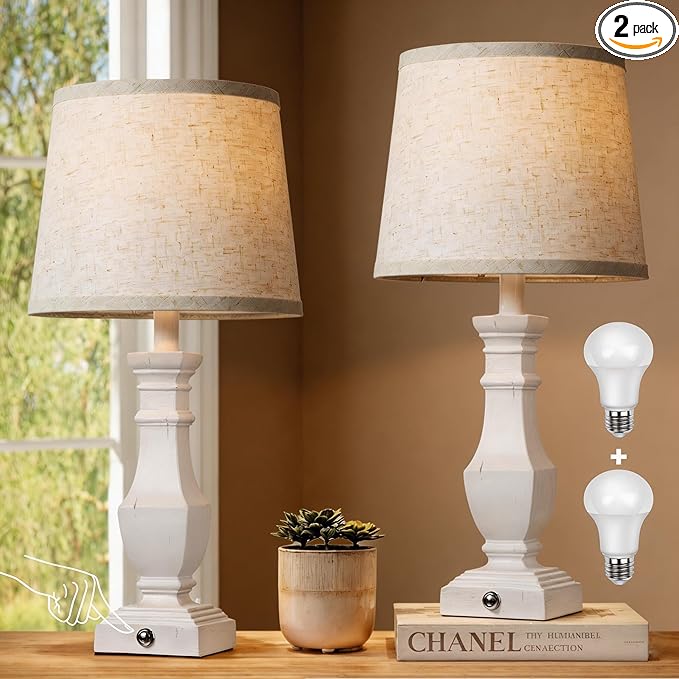 ROTTOGOON Dimmable Table Lamps Set of 2, Rustic Farmhouse Table Lamps for Living Room Bedroom, Bedside Desk Lamps for end Tables, Touch Lamps for nightstand, 9W Bulbs Included, 22", White