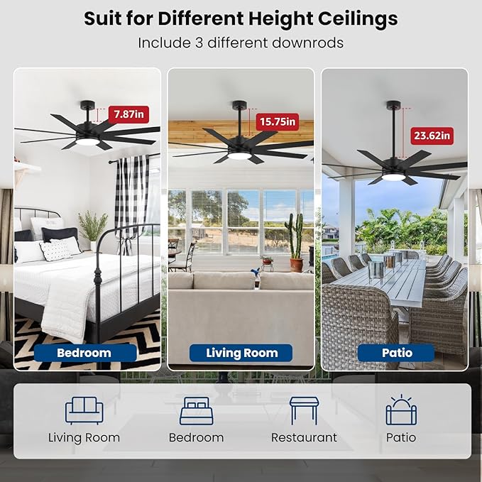 60 Inch Ceiling Fans with Lights and Remote, Dual Color 6 Blades, Bedroom Living Room Office Library Cafe Outdoor Industrial, 3CCT Dimmable, 6 Speed Reversible Quiet DC Motor, Black/Wood Grain