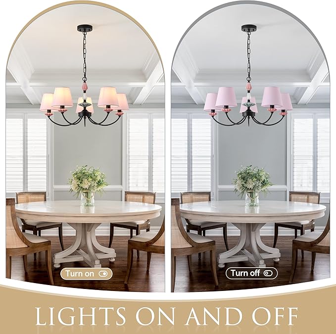 Pink Chandelier for Bedroom Light Fixture，Art Deco Chandelier with Fabric Shade,Antique Modern Chandeliers paired with Ceramic，Black Chandelier for Girls Bedroom，Living Room，Dining Room