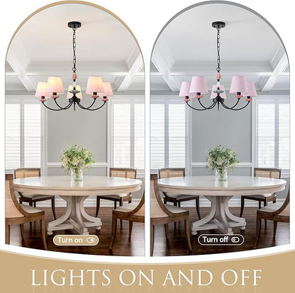 Pink Chandelier for Bedroom Light Fixture，Art Deco Chandelier with Fabric Shade,Antique Modern Chandeliers paired with Ceramic，Black Chandelier for Girls Bedroom，Living Room，Dining Room
