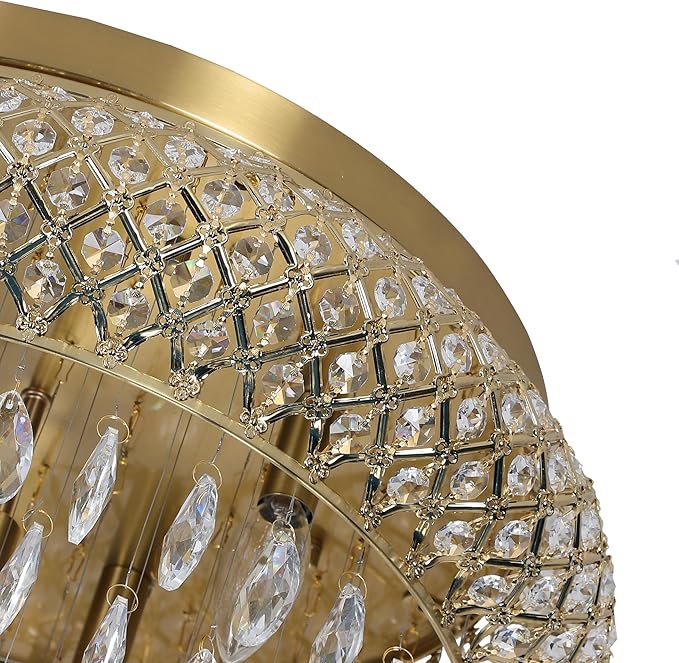 Maxax 19.5'' Crystal Brass Chandelier, 5-Light Large Vintage Farmhouse Ceiling Light Fixture, Drum Raindrop Metal Shade, French Empire, for Living Room Bedroom Dining Room Kitchen Entryway