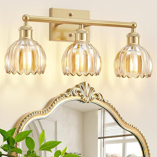 Bathroom Vanity Light 3 Light, 20 in Brushed Brass Bathroom Light Fixtures, Vintage Wall Sconces,Bath Vanity Lights Over Mirror with Amber Tulip Glass Shade for Bedroom Living Room,E26 Base