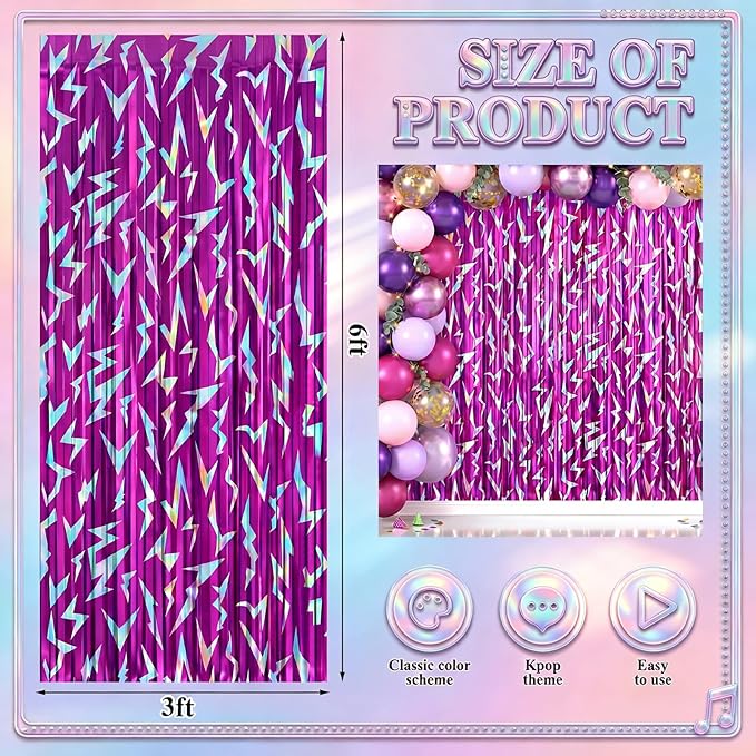Tudomro 2 Pack Kpop Birthday Party Decoration Pink Purple Lightning Streamers Backdrop Blue with Purple Lightning Print Foil Fringe Tinsel Curtains for Photo Prop Themed Party Supplies