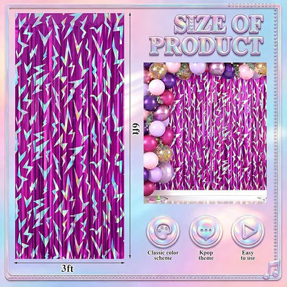 Tudomro 2 Pack Kpop Birthday Party Decoration Pink Purple Lightning Streamers Backdrop Blue with Purple Lightning Print Foil Fringe Tinsel Curtains for Photo Prop Themed Party Supplies