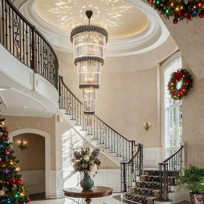 Large 7-Tier Black and Gold Chandelier 94.5" H x 32" W Modern Luxury Long Crystal Chandelier Lighting Fixture for High Ceiling Staircase Foyer Entryway Living Room Villa Hall