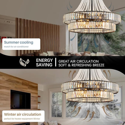 24" Modern Crystal Caged Fandelier, Smart Chandelier Fan with Remote and APP Control, Double Layer Ceiling Fan with Light for Dining Living Room Bedroom, Italian Design-Black