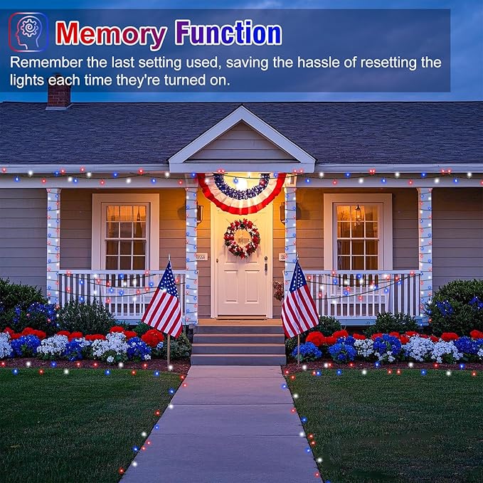 Red White and Blue String Lights, 66FT 200 LED 4th of July Lights Outdoor Waterproof, 8 Modes Connectable Plug In Patriotic Decorations Light for Indoor Independence Memorial Day Party Holiday