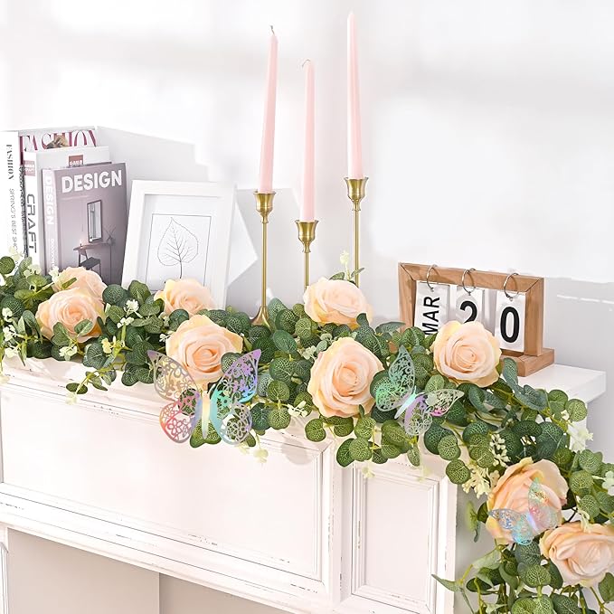 Yastouay 6.4 Ft Fuller Flower Garland with 3D Butterfly, Artificial Eucalyptus Garland with Champagne Flowers Fake Rose Vine for Table Centerpiece Wedding Baby Shower Party Room Backdrop Decor