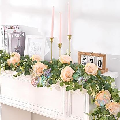 Yastouay 6.4 Ft Fuller Flower Garland with 3D Butterfly, Artificial Eucalyptus Garland with Champagne Flowers Fake Rose Vine for Table Centerpiece Wedding Baby Shower Party Room Backdrop Decor