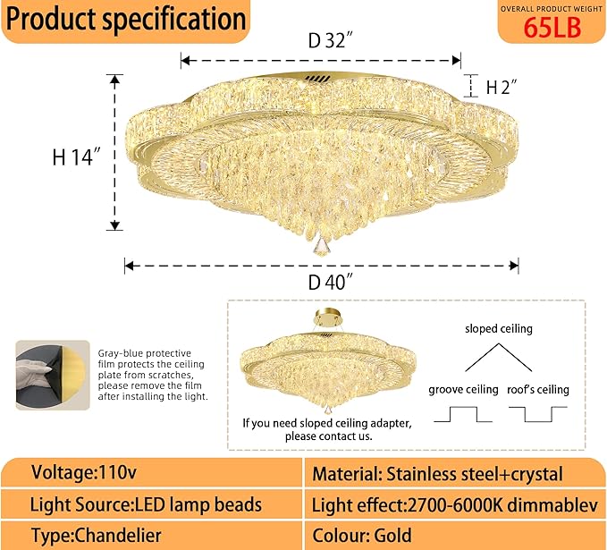 Modern Crystal Chandelier for Living Room 40in Gold Crystal Raindrop Ceiling Light for Room Bedroom LED Dimmable 3000-6000K