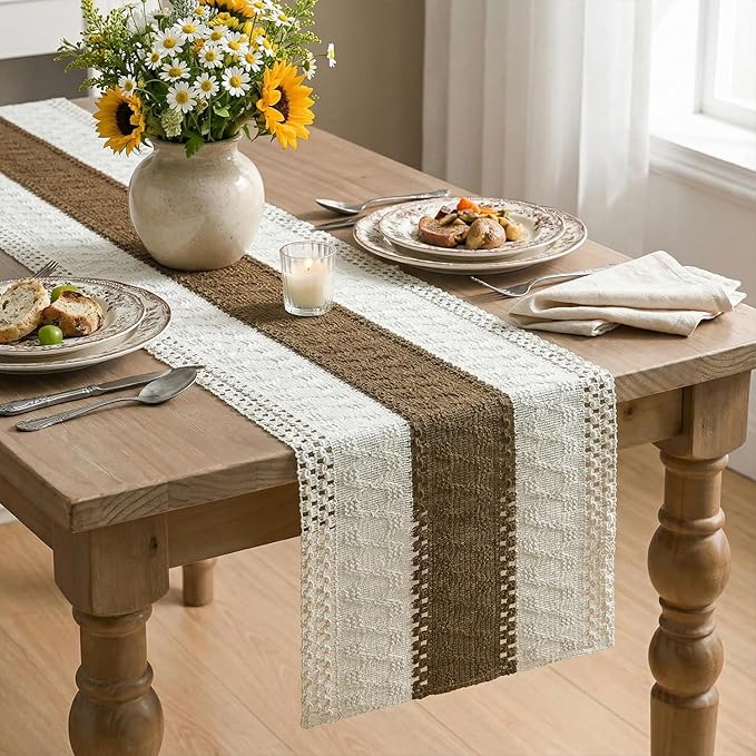Artoid Mode Light Coffee Farmhouse Rustic Table Runner, Seasonal Holiday Hollow Kitchen Dining Table Decoration for Home Party Decor 12x120 Inch