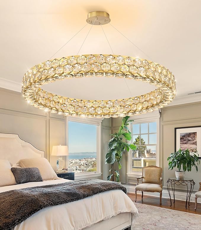 Modern Ring Chandelier, Crystal Chandeliers for Dining Room Round Ceiling Light Fixture for Living Room Bedroom Lighting LED Dimmable with Remote Ring Lights, 32inch Gold Light