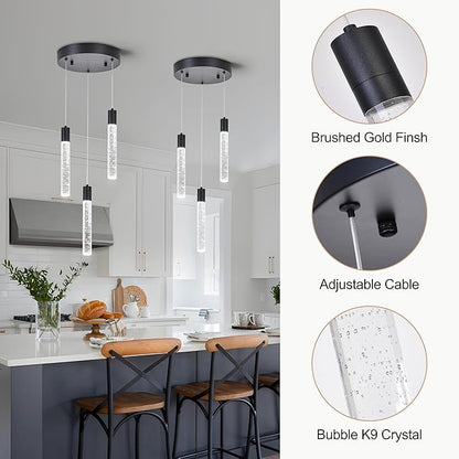 3 Light Pendant Lights Kitchen Island,Modern LED Bubble Crystal Pendants with Dimmable 3000K-6000K Ceiling Hanging Light Fixture for Dining Room Bedroom,Matte Black Finish,Adjustable Height 59"