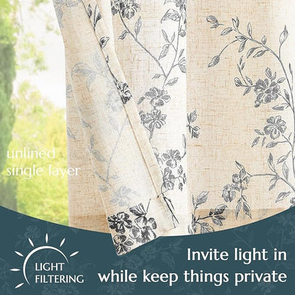 jinchan Floral Kitchen Curtains 30 Inch Linen Tier Curtains Farmhouse Cafe Half Window Drapes Over Sink Light Filtering Black on Beige for Living Room Laundry RV Rod Pocket 2 Panels