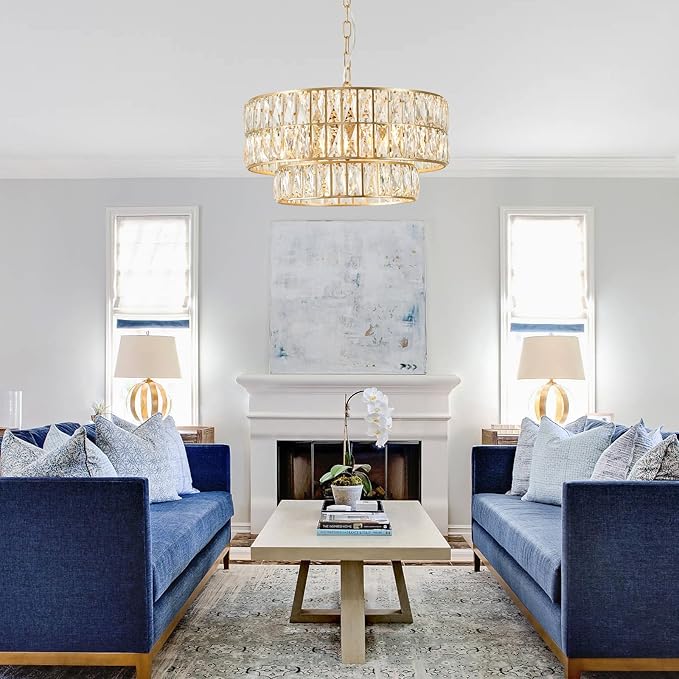CATINER 20'' Modern Gold Crystal Chandelier Luxury Semi Flush Mount Ceiling Light Fixtures 6-Lights Round Crystal Pendant Chandelier for Dining Room Foyer Living Room Bedroom
