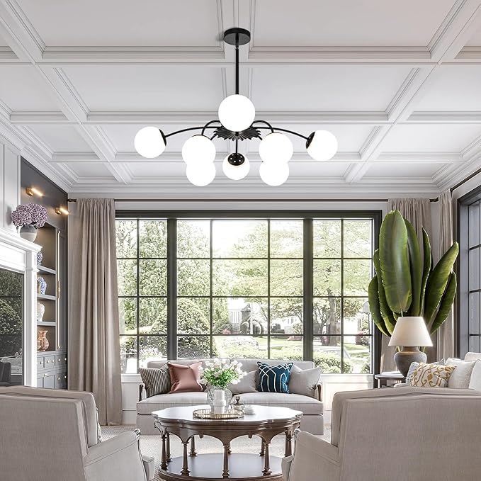 Longree 8-Light Black and White Sputnik Chandeliers with Milk Glass Pendant Light Fixture, with Blossom Accent Mid Century Frosted Glass Bubble Ceiling Lighting for Dining Entry Living Room