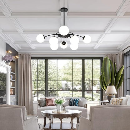 Longree 8-Light Black and White Sputnik Chandeliers with Milk Glass Pendant Light Fixture, with Blossom Accent Mid Century Frosted Glass Bubble Ceiling Lighting for Dining Entry Living Room