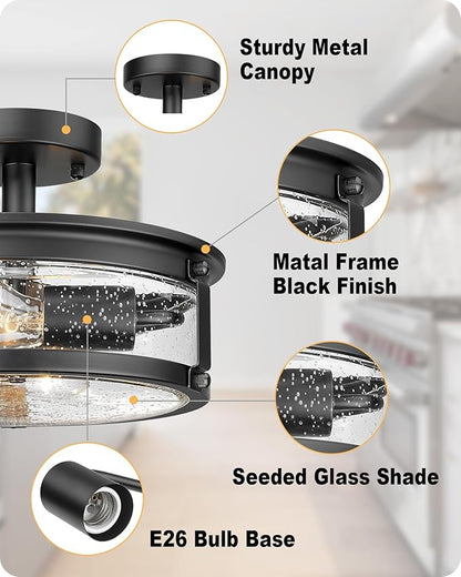2-Light Semi Flush Mount Ceiling Light Fixture, Industrial Farmhouse Lighting, Black Matte Metal Hallway Ceiling Light with Seeded Glass for Bedroom,Living Room,Kitchen,Entryway,Dining Room