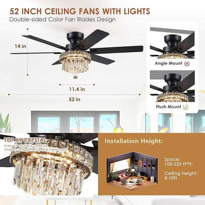 Asyko Chandelier Ceiling Fan -52" Crystal Ceiling Fan- Fandelier Fan Light Black with Remote, Reversible Motor, Dual-Sided 6 Blades, 3 Speed, Timer, Indoor Outdoor Fans, Living Room, Dining Room