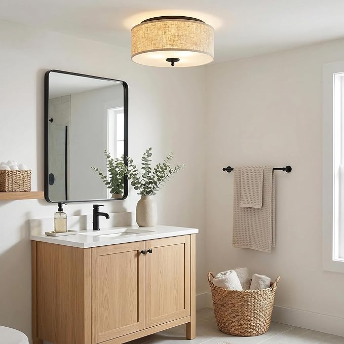 Quoizel Blanche 16" Flush Mount Ceiling Light with Premium Fabric Shade, Matte Black, ETL Damp Rated for Kitchen or Bath