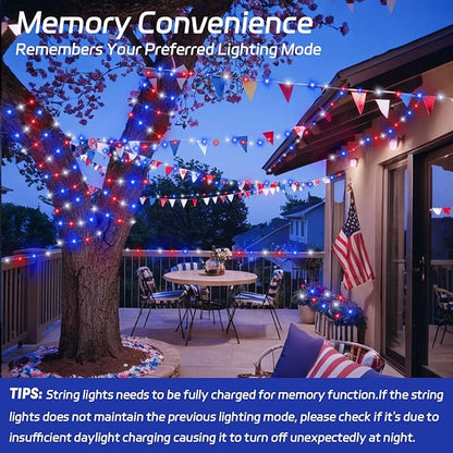 cshare Red White and Blue Solar Fairy Lights, 4th of July Lights Waterproof Outdoor 16.4ft 50LED 8 Modes Memory Function Independence Day Memorial Day Decorations