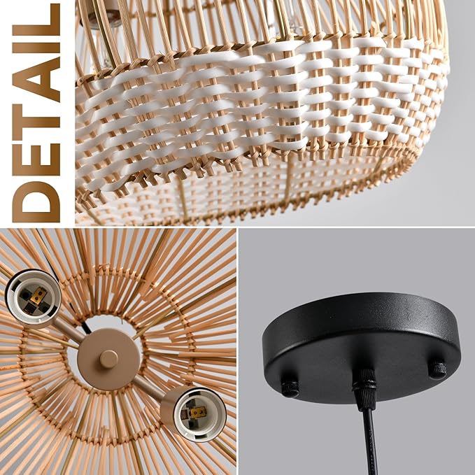 Boho Pendant Lights Kitchen Island 14.6in White Rattan Chandelier Beachy Wicker Dining Room Light Fixtures Woven Hanging Ceiling Lighting for Bedroom Breakfast Nook Restaurants Foyer Corridor