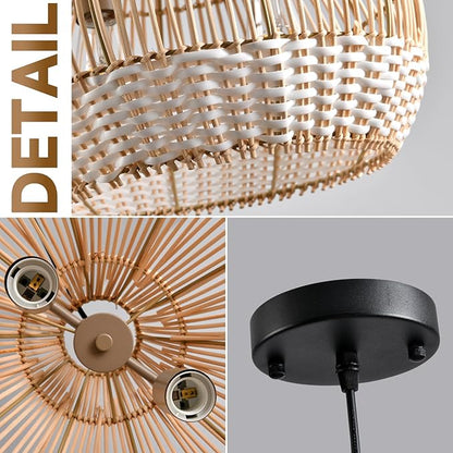 Boho Pendant Lights Kitchen Island 14.6in White Rattan Chandelier Beachy Wicker Dining Room Light Fixtures Woven Hanging Ceiling Lighting for Bedroom Breakfast Nook Restaurants Foyer Corridor