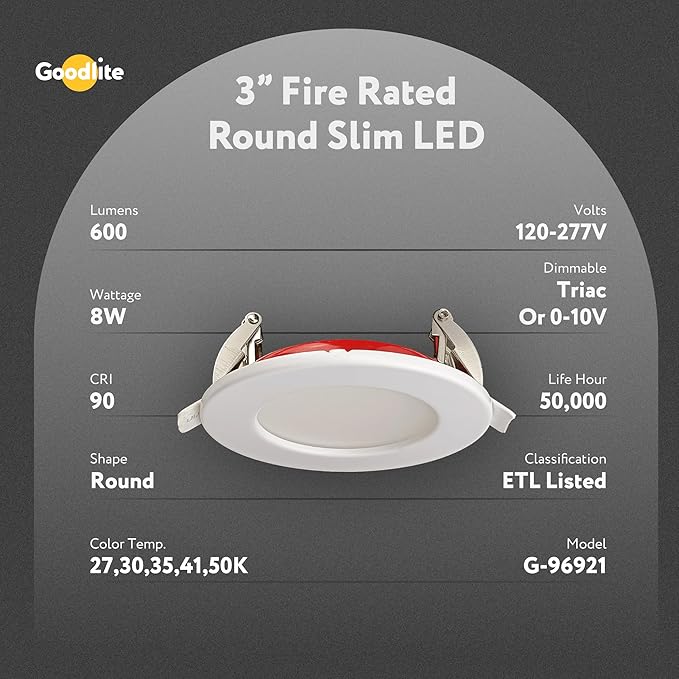 Goodlite 3-inch LED Fire-Rated, Round Slim - Recessed 8W Downlight, 120-277V, CRI 90+, ETL Listed, Dimmable Triac & 0-10V, 600 Lumens, 5CCT 27K-30K-35K-41K-50K, 50k Hr, Equal to 50W, 1ct (G-96921)