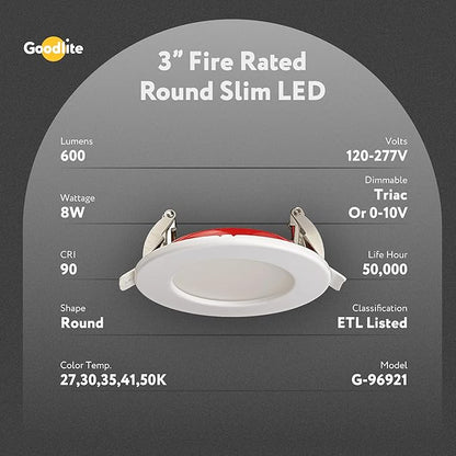 Goodlite 3-inch LED Fire-Rated, Round Slim - Recessed 8W Downlight, 120-277V, CRI 90+, ETL Listed, Dimmable Triac & 0-10V, 600 Lumens, 5CCT 27K-30K-35K-41K-50K, 50k Hr, Equal to 50W, 1ct (G-96921)