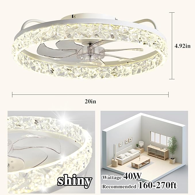 Ceiling Fans with Lights and Remote Fandelier - 20'' Flush Mount Crystal & White Low Profile Modern Ceiling Fans for Bedroom - Stepless Color Temperature and 6 Speeds