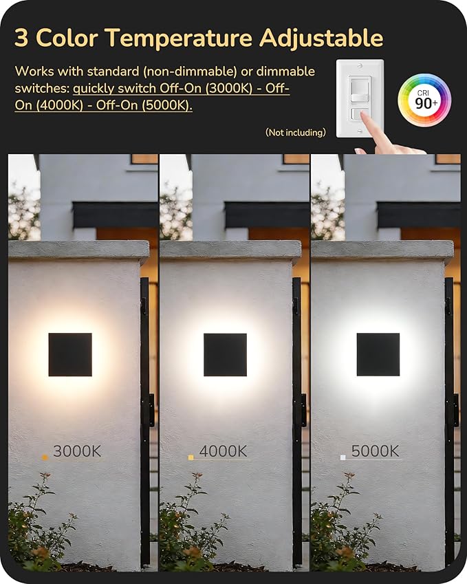 EDISHINE 2 Pack LED Wall Lights Outdoor Indoor, 3000K-5000K Dimmable Wall Sconce, 360° Backlit Square Modern Exterior Lighting Fixtures, IP65 Waterproof Aluminum Outside Porch Light, Black