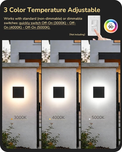 EDISHINE 2 Pack LED Wall Lights Outdoor Indoor, 3000K-5000K Dimmable Wall Sconce, 360° Backlit Square Modern Exterior Lighting Fixtures, IP65 Waterproof Aluminum Outside Porch Light, Black