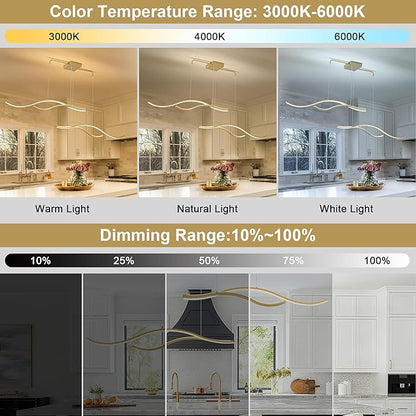 Mayful LED Chandelier, Modern Chandelier with Remote Control, Dimmable 3000K-6000K Adjustable Temperature, Height Adjustable Kitchen Island Pendant Light for Dining Room, Living Room Gold 64.2 inch