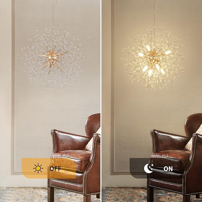 CM MZY Modern Crystal Chandeliers Firework, 8-Light Gold Dandelion Sputnik Ceiling Light Fixtures, Sputnik Chandelier for Bedroom Living Room Dining Room Kitchen Island Hallway