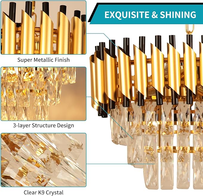 Depuley 31" Crystal Rectangle Chandelier: 3-Tier Gold Glass Crystal Chandelier Island Light Fixtures for Dining Room - 8-Light Linear Pendant Light for Kitchen Island Included Bulbs