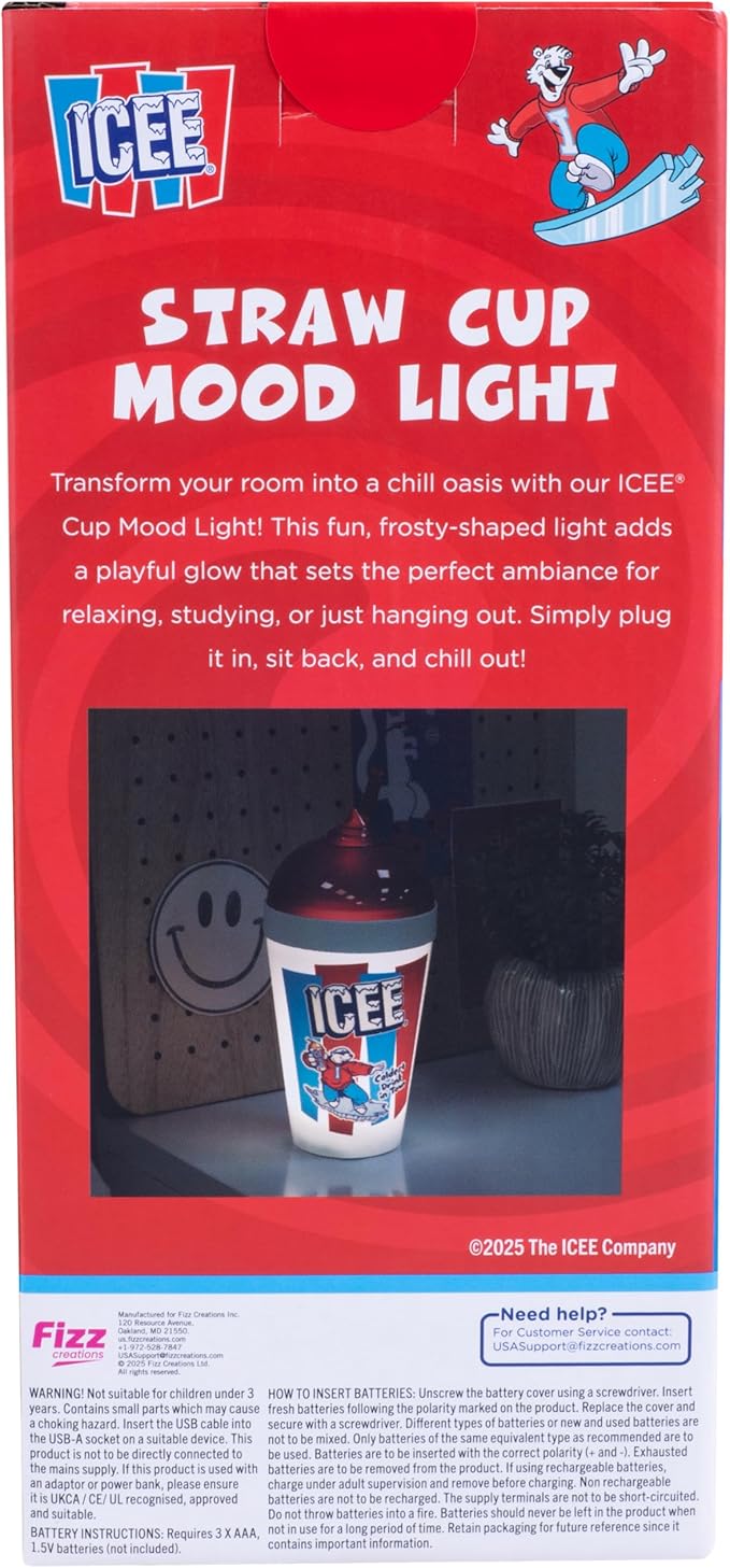 Fizz Creations ICEE Straw Cup Mood Light – 9" Tall LED Night Light, Officially Licensed Merchandise, Retro Red & Blue Design, USB-Powered, Fun & Functional Home Décor.