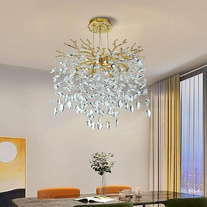 Modern Crystal Tree Branches Chandelier, 18in Gold 6 Lights Large Ceiling Hanging Light for Dining Room, Round Raindrop Pendant Light Fixture