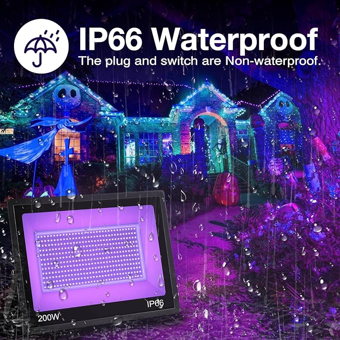 200W IP66 Blacklight Flood Light for Party + 10ft Cable, Waterproof Outdoor LED for Glow in The Dark, Blacklight Party, Christmas, Birthday, Dance, 2 Pack
