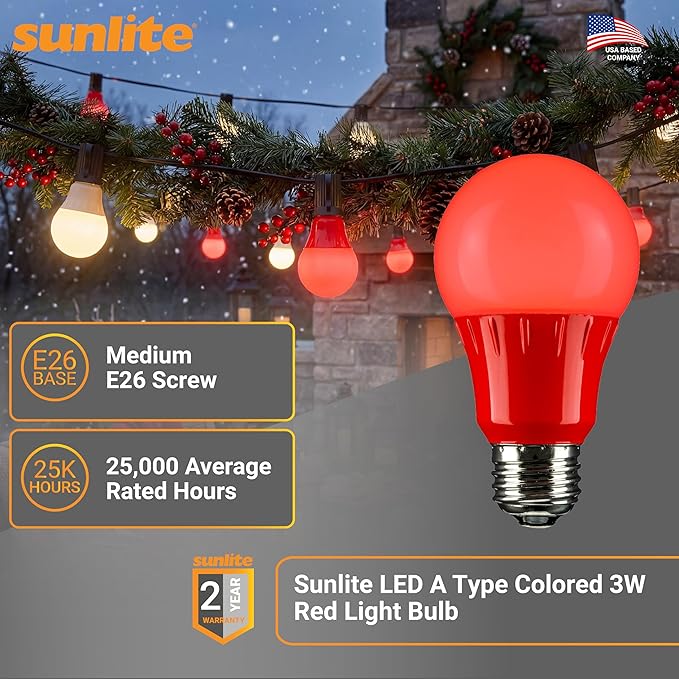 Sunlite 80148 LED A19 Colored Light Bulb, 3 Watts (25w Equivalent), E26 Medium Base, Non-Dimmable, UL Listed, Party Decoration, Holiday Lighting, 1 Count, Red