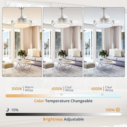 LEDIARY Retractable Ceiling Fans with Lights and Remote, 42 Inch Fandelier Ceiling Fans with LED Lighting, Smart Modern Ceiling Fan, Stepless Color Changeable, Dimmable, Timer Setting, Brush Nickel