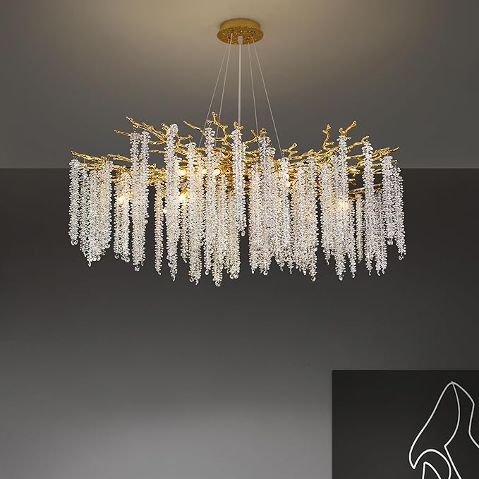 Tree Branches Chandeliers Luxury Round Raindrop Crystal Pendant Light 15 Lights Tassel Ceiling Hanging Light for Dining Room Bedroom Living Room Entryway 39.5" Gold