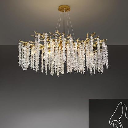 Tree Branches Chandeliers Luxury Round Raindrop Crystal Pendant Light 15 Lights Tassel Ceiling Hanging Light for Dining Room Bedroom Living Room Entryway 39.5" Gold