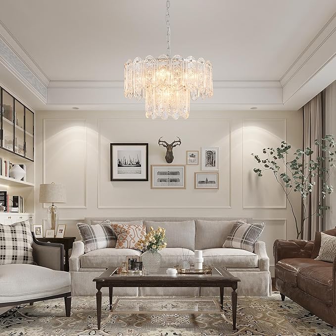 5-Lights Luxury Glass Chandeliers, Mid-Century Modern Chandeliers for Dining Room, D18.5'' × H18.9'', Adjustable Height (18.9"~51.2"), Chrome Finish Frame & Double Figured Glass Shade