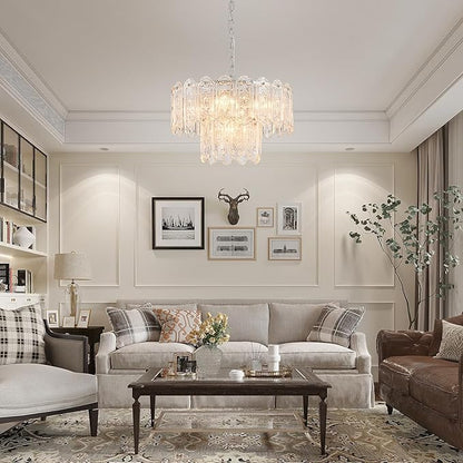 5-Lights Luxury Glass Chandeliers, Mid-Century Modern Chandeliers for Dining Room, D18.5'' × H18.9'', Adjustable Height (18.9"~51.2"), Chrome Finish Frame & Double Figured Glass Shade