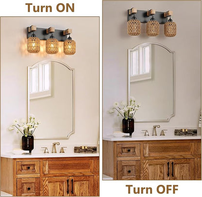 LmnLvn Farmhouse Bathroom Light Fixture, Boho Vanity Light, 3-Light Rattan Bathroom Light Fixture Over Mirror Rustic Vanity Lighting with Handwoven Shades, Suit for Restroom, Bedroom, Hallway