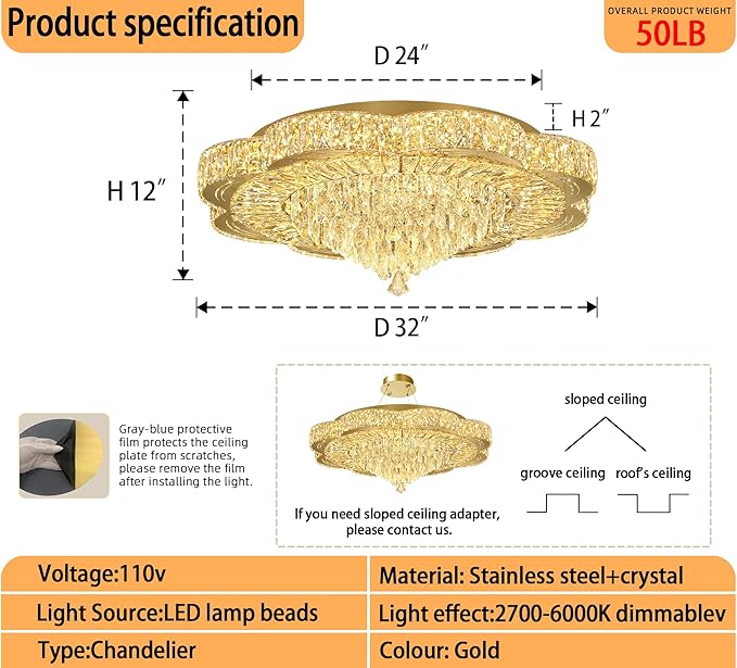 Modern Crystal Chandelier for Living Room 32in Gold Crystal Raindrop Ceiling Light for Room Bedroom LED Dimmable 3000-6000K