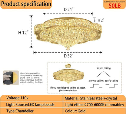 Modern Crystal Chandelier for Living Room 32in Gold Crystal Raindrop Ceiling Light for Room Bedroom LED Dimmable 3000-6000K