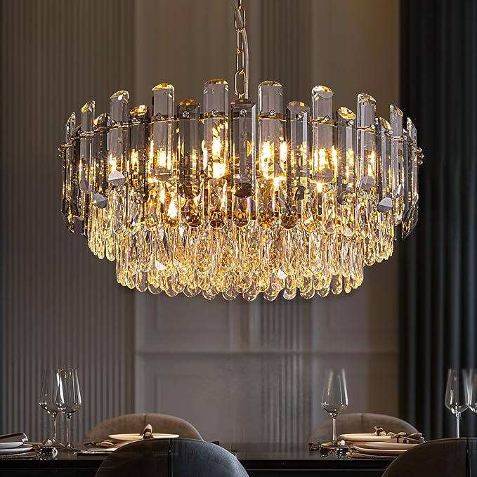 7PM Gold Crystal Chandeliers, 24-inch 4-Tier Modern Crystal Chandelier for Dining Room, Luxury Crystal Pendant Light Ceiling Light Fixture for Living Room Kitchen Island Bedroom Entryway, Brass Finish